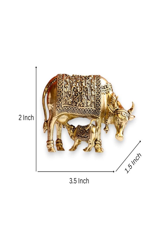 RAISOM Pure Brass Kamdhenu Cow with Calf Idol | Small Size Kamdhenu Gau MATA Sculpture for Showpiece, Temple, Gifting | Hand Engraved Design with Everlasting Shine | Height: 2", Weight: 120 GMS - Image 3